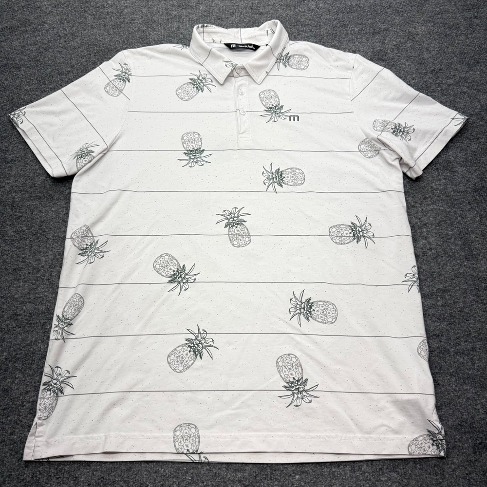 TravisMathew Mens XL White Pineapple Print Striped Golf Polo Shirt Short Sleeve